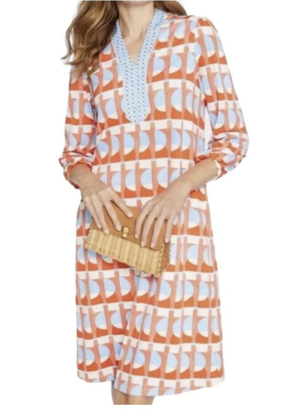 J McLaughlin Emer Shift Dress Women Large Blue Orange Coral Long Sleeve Pockets - Picture 3 of 12